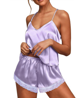 Ekouaer Pajamas for Women Shorts Set lingerie V-neck Silk Pajamas comfy Elastic Waistband cami Shorts Set, Light Purple X-Small