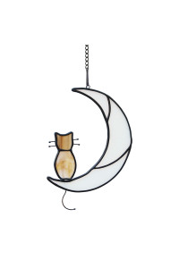 HAOSUM Orange Tabby Cat On Moon Stained Glass Window Hangings,Tabby Cat Decoration suncatcher Hanging Ornament Gift for Mom,Cat Memorial Gifts for Cat Lovers, Pet Loss Sympathy Gift (Yellow)