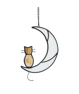 HAOSUM Orange Tabby Cat On Moon Stained Glass Window Hangings,Tabby Cat Decoration suncatcher Hanging Ornament Gift for Mom,Cat Memorial Gifts for Cat Lovers, Pet Loss Sympathy Gift (Yellow)
