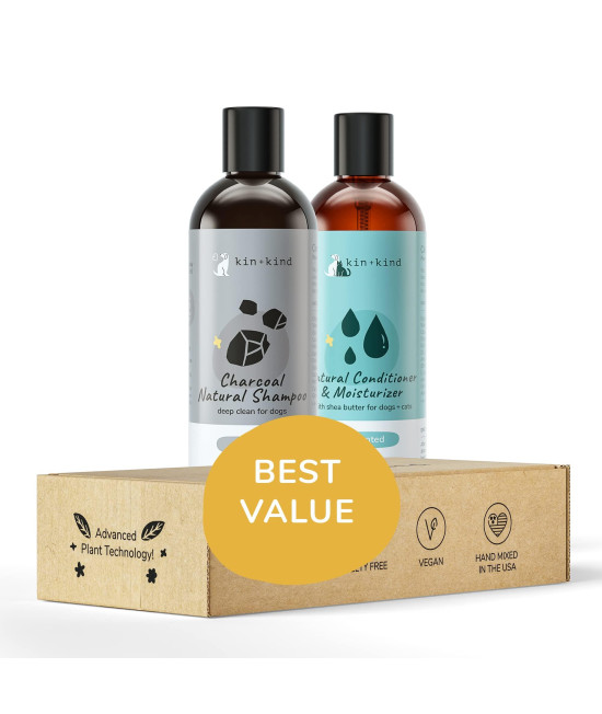 kin+kind Natural Pet Shampoo + Conditioner for Itchy Dogs and Cats - Dog Shampoo for Itchy Skin - Cat & Dog Shampoo and Conditioner with Activated Charcoal & Moisturizing Shea Butter - Made in USA