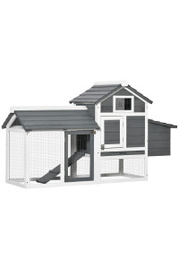 PawHut Wooden Chicken Coop Outdoor Cage for 2-3 Chicken Coops with 2 Wire Corrales Open Roof Nest Box Removable Tray and Ramp 150x54x87cm Grey