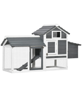 PawHut Wooden Chicken Coop Outdoor Cage for 2-3 Chicken Coops with 2 Wire Corrales Open Roof Nest Box Removable Tray and Ramp 150x54x87cm Grey