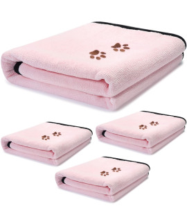 4 Pack Dog Towels for Drying Dogs Microfiber Dog Towel Soft Absorbent Pet Bath Towel Dog Drying Grooming Towel with Embroidered Paw for Pet Dogs Cats Bathing and Grooming (Pink, 27.5 x 55 Inch)