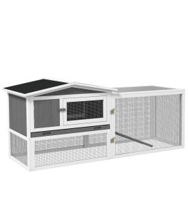 PawHut 2 Levels Outdoor Rabbit Hutch, 62 Wooden Large Rabbit Cage with Run Weatherproof Roof, Removable Tray, Doors Window and Ramp, Light Gray