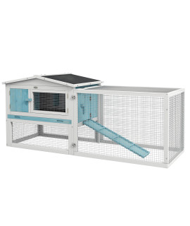 PawHut 2 Levels Outdoor Rabbit Hutch, 62 Wooden Large Rabbit Cage with Run Weatherproof Roof, Removable Tray, Doors Window and Ramp, Light Blue