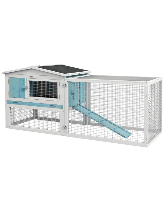 PawHut 2 Levels Outdoor Rabbit Hutch, 62 Wooden Large Rabbit Cage with Run Weatherproof Roof, Removable Tray, Doors Window and Ramp, Light Blue