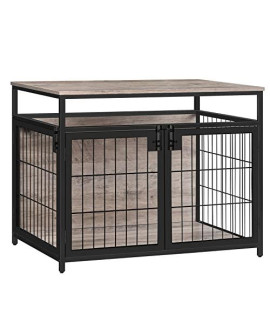 HOOBRO Dog Crate Furniture, Wooden Dog Crate, Dog Kennels with 3 Doors Indoor, Decorative Mesh Pet Crate End Table for Medium/Small Dog, Chew-Resistant Dog House, Greige and Black BG83GW03