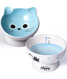 Ceramic Cat Bowls Set of 2 Raised Cat Food Bowls for Indoor Cats Elevated Cat Bowls 15? Tilted Protect Spine, Stress Free, Prevent Vomiting, Cute Cat Food and Water Dishes, Blue