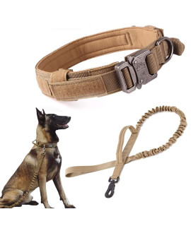 Tactical Dog Collar and Leash Set Tactical Dog Collar with Handle Bungee Leash Adjustable Military Training Nylon Collar Dog Training Collar Leash Set with Control Handleand Metal Buckle (Brown L