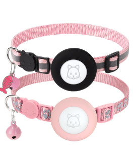 2Pack Airtag Cat Collars, Reflective Air Tag Cat Collar with Breakaway Safety Buckle and Bell, Adjustable Cat Collar with Airtag Holder Compatible with Apple Airtag for Small Pets (Pink)