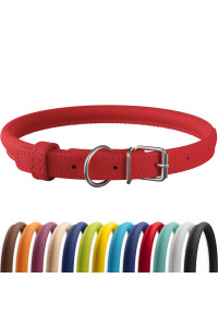 CollarDirect Rolled Leather Dog Collar, Soft Padded Round Puppy Collar, Handmade Genuine Leather Collar Dog Small Large Cat Collars 13 Colors (7-9 Inch, Red Smooth)