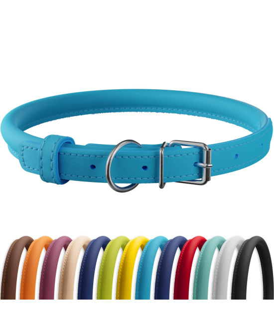 CollarDirect Rolled Leather Dog Collar, Soft Padded Round Puppy Collar, Handmade Genuine Leather Collar Dog Small Large Cat Collars 13 Colors (7-9 Inch, Light Blue Smooth)