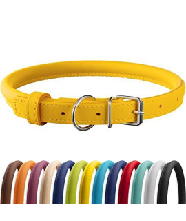 CollarDirect Rolled Leather Dog Collar, Soft Padded Round Puppy Collar, Handmade Genuine Leather Collar Dog Small Large Cat Collars 13 Colors (7-9 Inch, Yellow Smooth)