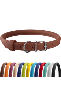 CollarDirect Rolled Leather Dog Collar, Soft Padded Round Puppy Handmade Genuine Leather Small Large Cat Collars 13 Colors (12-15 Inch, Brown Smooth)