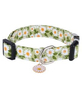 CHEDE Cotton Dog Collar for Small Medium Large Dogs,Girl Dog Collar with Quick-Release Buckle,Flowers Soft Adjustable Pet Collar (Large, Green Daisy)