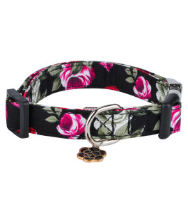 CHEDE Cotton Dog Collar for Small Medium Large Dogs,Girl Dog Collar with Quick-Release Buckle,Flowers Soft Adjustable Pet Collar (Small, Black Flower)