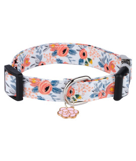 CHEDE Cotton Dog Collar for Small Medium Large Dogs,Girl Dog Collar with Quick-Release Buckle,Flowers Soft Adjustable Pet Collar (Medium, Orange Rose)