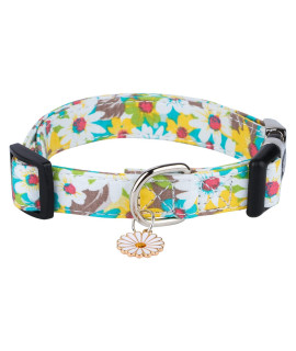 CHEDE Cotton Dog Collar for Small Medium Large Dogs,Girl Dog Collar with Quick-Release Buckle,Flowers Soft Adjustable Pet Collar (Medium, Yellow Daisy)