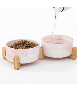 Dog Bowl, Raised Dog Food and Water Bowl, Ceramic Dog Bowl Set with Non-Slip Wood Stand for Medium Sized Dog and Cat, 28.74OZ/850ML Marble Pink