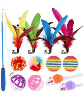 13 Pcs cat Feather Toys Interactive cat Toys for Indoor cats Adult Retractable cat Teaser Wand Kitten Toys with 4 Refills 6 cat Ball 2 cat Mouse
