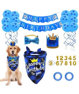 Dog Birthday Party Supplies, LMSHOWOWO Dog Birthday Bandana Boy, with Dog Birthday Hat Elastic Bow Tie Birthday Number Balloons Happy Birthday Banner Cake Topper for Small Medium Large Dogs (Blue)