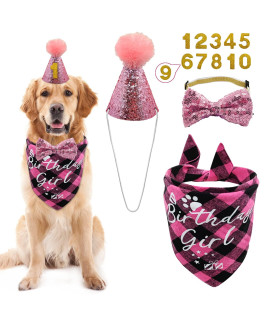 Dog Birthday Party Supplies, LMSHOWOWO Reusable Girl Dog Birthday Bandana Scarf Set, Cute Dog Birthday Hat with Number Bow Tie for Small Medium Large Dog Pet (Pink)