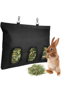Rabbit Hay Feeder, Bunny Hay Bag for Rabbits, 3 Holes Large Capacity 600D Oxford Cloth Fabric Hanging Hay Feeder Bag for Small Animal (Black)