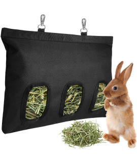 Rabbit Hay Feeder, Bunny Hay Bag for Rabbits, 3 Holes Large Capacity 600D Oxford Cloth Fabric Hanging Hay Feeder Bag for Small Animal (Black)