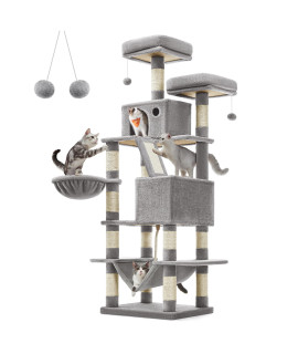 Feandrea Cat Tree, 66.1-Inch Large Cat Tower with 13 Scratching Posts, 2 Perches, 2 Caves, Basket, Hammock, Pompoms, Multi-Level Plush Cat Condo for Indoor Cats, Light Gray UPCT165W01