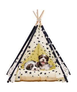 Pet Teepee Tents, 24 Inch Portable Indoor Dog Teepee Bed with Thick Cushion, Washable Navy Blue Wave Point Pattern Teepee Tent House for Puppy & Cat