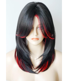 Medium Length Layered Wigs Highlights wigs Layered wig with bangs Synthetic wig Highlight for white Women (Black with red)
