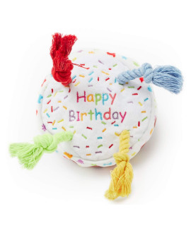 Pet London Dog Birthday Cake Squeaky Soft Plush Toy with Rope Candles in Fun Happy Bright Colours - Celebrate Your Dog's Happy Birthday - Plush Rainbow Pattern Dog Party Bday or Adoption Gift (Medium)