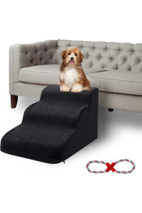 INRLKIT 3 Tier Dog Ramp for Couch, Non-Slip Pet Stairs Dog Steps, 16 High Sofa Foam Dog Stairs/Puppy Stairs/Dog Ladder for Small Pets, Older Dogs, Cats with Joint Pain Black, Rope Toy