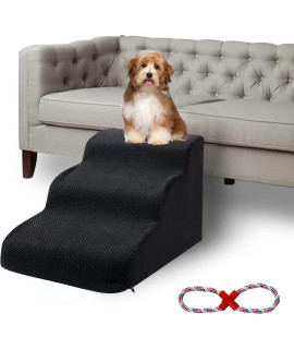 INRLKIT 3 Tier Dog Ramp for Couch, Non-Slip Pet Stairs Dog Steps, 16 High Sofa Foam Dog Stairs/Puppy Stairs/Dog Ladder for Small Pets, Older Dogs, Cats with Joint Pain Black, Rope Toy