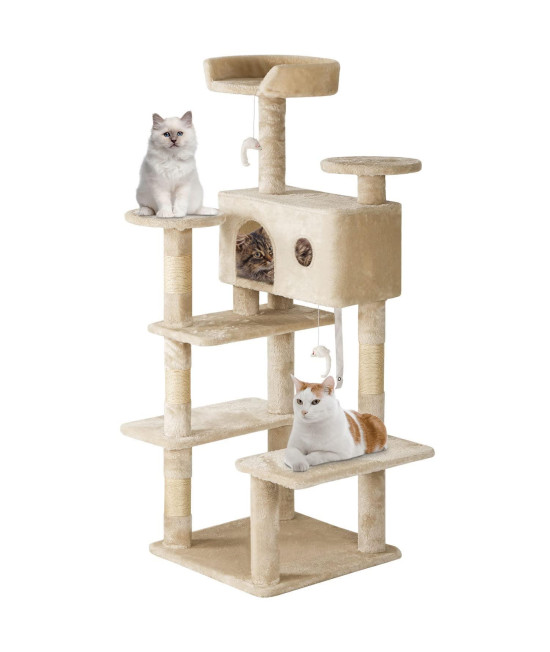 BestPet 54in cat Tree Tower with cat Scratching Post,Multi-Level cat condo cat Tree for Indoor cats Stand House Furniture Kittens Activity Tower with Funny Toys for Kitty Pet Play House,Beige