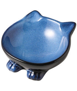 Nihow Ceramic Basic Cat Bowls: 5 Inch Cat Bowl for Food & Water - Food Grade Cat Dish for Small-Sized Cat - Microwave & Dishwasher Safe -Elegant Blue & Black (4.25 OZ /1 PC)