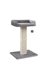 Feandrea Cat Scratching Post, Cat Scratcher with 15.7 x 11.8 Inches Plush Perch, 27.9-Inch Tall Scratch Post with Woven Sisal, Pompom, Removable Washable Cover, Light Gray UPCA022W01