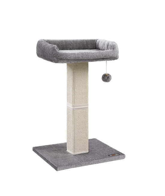 Feandrea Cat Scratching Post, Cat Scratcher with 15.7 x 11.8 Inches Plush Perch, 27.9-Inch Tall Scratch Post with Woven Sisal, Pompom, Removable Washable Cover, Light Gray UPCA022W01