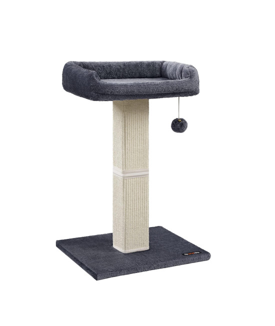 Feandrea Cat Scratching Post, Cat Scratcher with 15.7 x 11.8 Inches Plush Perch, 27.9-Inch Tall Scratch Post with Woven Sisal, Pompom, Removable Washable Cover, Dark Gray UPCA022G01