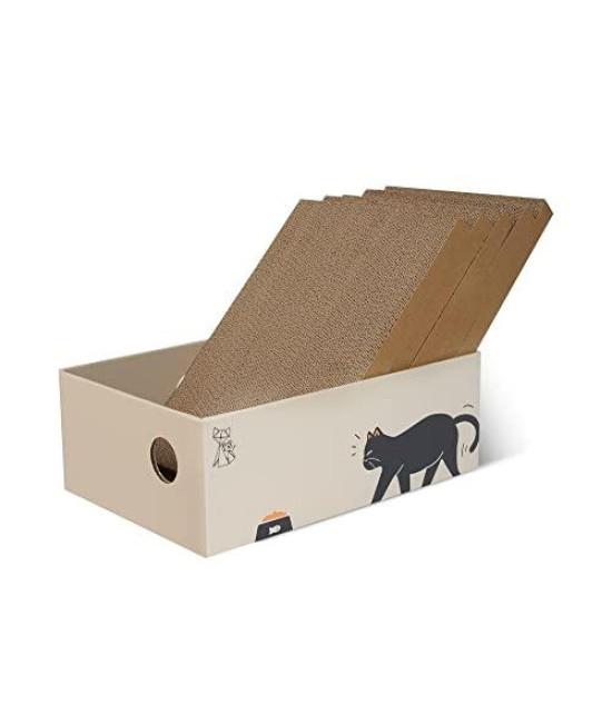 Papercat Cat Scratcher, 5 PCS in 1 Scratching pad with Box, Natural Recycled Corrugated Cardboard, Reversible for 2X Use, Kitty Refill Indoor, Brown (PC-MZB-001)