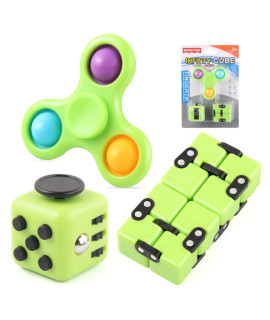 3-Piece Set of Sensory Fidget Toys,Fidget cube-Infinity cubes-Fidget Spinners,Relieves Stress and Anxiety Fidget Toys for Kids Adults(green)