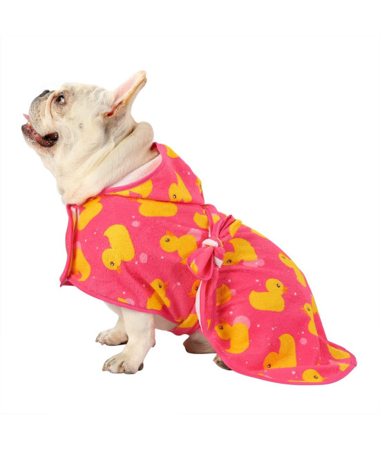 HDE Dog Bathrobe Super Absorbent Quick Drying Towel with Hood for All Dog Breeds Sizes S-XXL - Pink Rubber Ducks - M