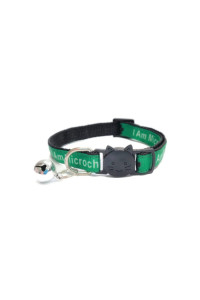Worded cat collars with Bell Safe Quick Release Breakaway Buckle - green, I Am Microchipped