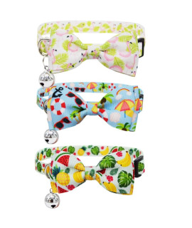 3 Pack Hawaiian Breakaway Cat Collar with Removable Cute Bow Tie and Bell Adjustable Safety Buckle Fruit Flamingos Hawaiian Styles