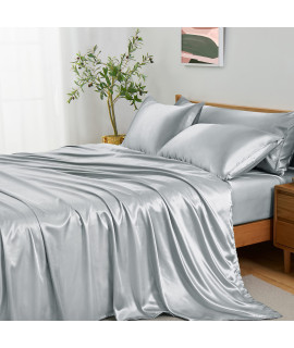 Entisn 5Pcs Silky Satin Sheets Set, Queen Size Satin Bed Sheets Set, grey Luxury Bedding Sets, Breathable & Ultra Soft Sheets Set Includes 1 Fitted Sheet, 1 Flat Sheet, 3 Pillowcases