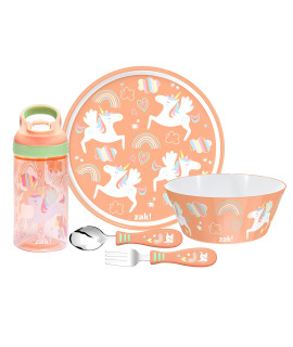 Zak Designs childrens Dinnerware Set Includes Plate, Bowl, Water Bottle, and Utensil Tableware, Non-BPA, Made of Durable Material and Perfect for Kids (5 Pieces, Unicorn)