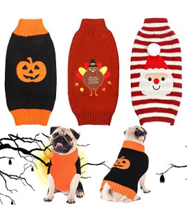 3 Pieces Halloween Thanksgiving Christmas Dog Sweaters Sets Pumpkin Turkey Santa Puppy Dog Clothes Pet Knitwear for Dog Cat Pet Costume, Small