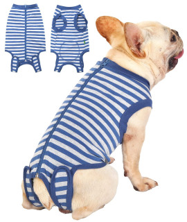 Dog Surgical Recovery Suit,Female Male Recovery Onesie,Spay,Neuter Recovery Recovery clothes,Zipper closure cotton Striped Wounds Protect Suit,Blue XS