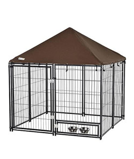 PawHut Outdoor Dog Kennel, 46 x 46 x 5 Puppy Play Pen with canopy garden Playpen Fence crate Enclosure cage Rotating Bowl, Black