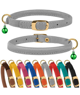 Murom Rolled Leather Cat Collar with Elastic Strap Safety Adjustable Pet Collars for Cats Kitten Yellow Red Pink Blue Orange Brown Gray (Gray)
